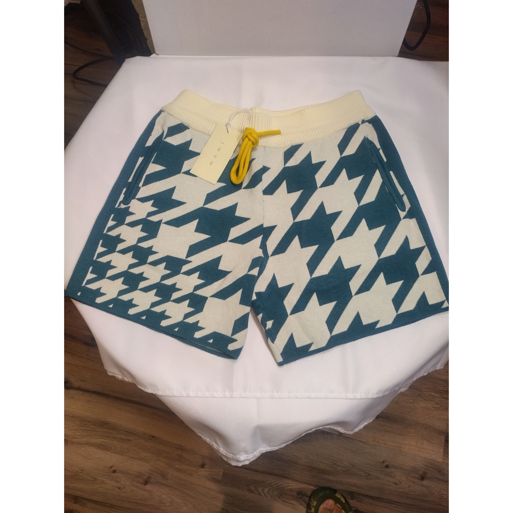 Mnml Houndstooth Knit Shorts Teal White Yellow Drawstring XS New
